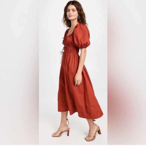 En Saison Brown Midi Sundress with Puff Sleeves and Square Neckline - Picture 2 of 7